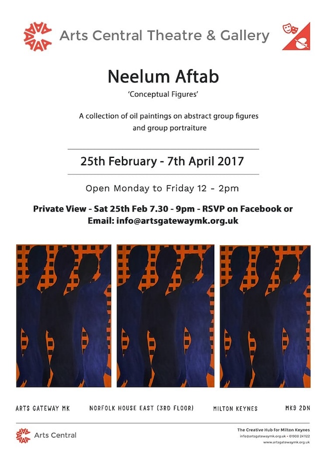 Neelum had her second solo exhibition at the Arts Central Gallery Milton Keynes in 2017 which displayed her group portraiture as well groups of new conceptual figures. It showed the transition phase of Neelum’s practice, when stylistic portraiture was taking over by abstract figures.